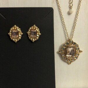 Rhinestone Pendant Necklace & Pierced Earring Set Gold Tone